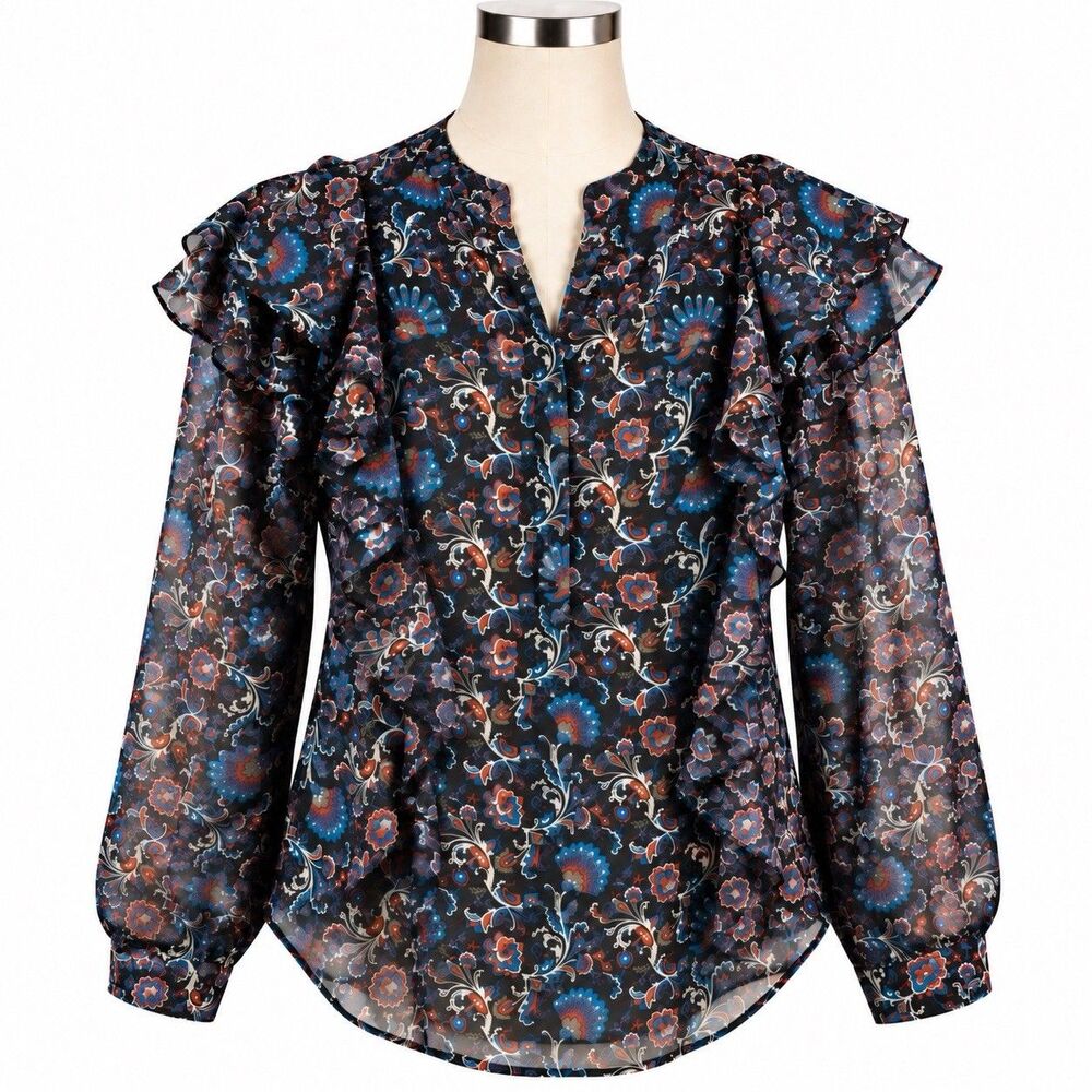 Veronica Beard Women’s Size 4 100% Silk Sheer Floral Paisley Ruffle Blouse Navy